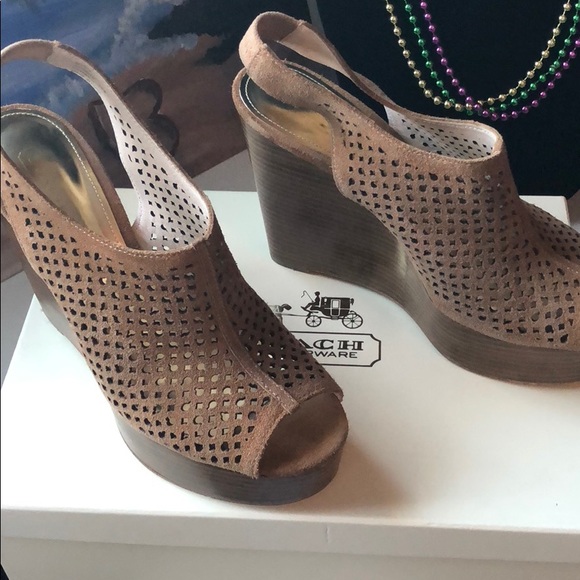 Coach Suede and Wooden Wedges - Picture 2 of 5